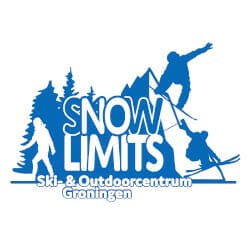 Logo of Snow Limits Ski- & Outdoorcentrum Groningen featuring silhouettes of skiers and a snowboarder against mountain and tree backgrounds with the text "Snow Limits Ski- & Outdoorcentrum Groningen.