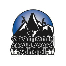 Logo for Chamonix Snowboard School featuring mountains, snowboarders, and the text "Chamonix Snowboard School" in stylized font.