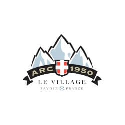 Logo of Arc 1950 Le Village featuring stylized mountains, a white cross on a red shield, and the text "Arc 1950 Le Village, Savoie France.