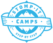 A blue circular logo with the words "World Camps" at the center and "Bienvenue" below, featuring mountains, a banner design, and subtle nods to carving skills.