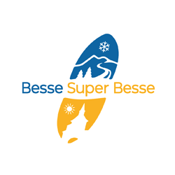 Logo of Besse Super Besse featuring a stylized blue mountain with snowflakes and a yellow sun with a ski slope.