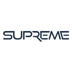 The image shows the word "SUPREME" in a stylized, futuristic font in dark blue.