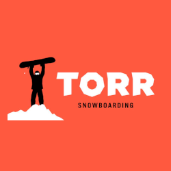 Logo of TORR Snowboarding featuring a silhouette of a person holding a snowboard above their head on a snow mound against an orange background.