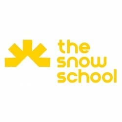 Yellow logo of "the snow school" with a stylized snowflake icon to the left of the text.