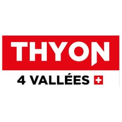 Logo of Thyon 4 Vallées, featuring the name "THYON" in large white letters on a red rectangle, with "4 VALLÉES" and a Swiss flag below.
