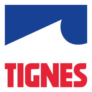 Tignes logo with a blue geometric shape above the word "TIGNES" in bold red letters.
