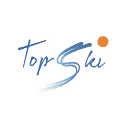 Logo with the text "Top Ski" in stylized blue font and a small, orange dot above the "i.
