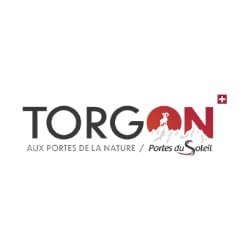 Logo for Torgon, a location in the Portes du Soleil ski area, featuring mountain elements and a Swiss flag.