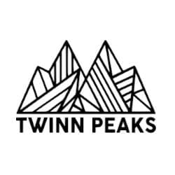 Logo of "Twinn Peaks" featuring geometric mountain shapes composed of various lines and triangles above the text.