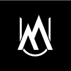 Black background with a white geometric design resembling the letters "M" and "A" interconnected, forming a symmetrical logo.