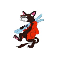 Illustration of a bipedal cat wearing a red backpack and carrying a pair of blue skis over its shoulder. The cat is also wearing goggles and appears to be in motion.