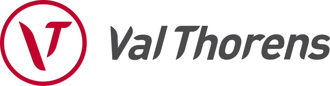 Red and grey logo of Val Thorens, featuring a stylized "V" within a circle and the name "Val Thorens" in grey text.