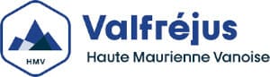 Logo of Valfréjus Haute Maurienne Vanoise featuring stylized blue and gray mountains alongside the text "Valfréjus Haute Maurienne Vanoise" and "HMV" in a hexagonal frame.