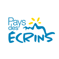 Logo of Pays des Écrins featuring stylized blue text and a mountain illustration with a yellow sun.