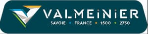 Logo of Valmeinier featuring a stylized "V" and text stating "Valmeinier, Savoie, France, 1500, 2750" on a dark blue background.