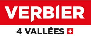 Logo of Verbier 4 Vallées ski resort, featuring the resort's name in bold white letters on a red background and a small Swiss flag icon next to "4 Vallées" text.