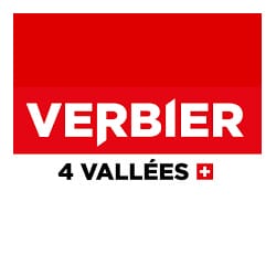 Logo of Verbier 4 Vallées. The text "VERBIER" is in bold white font on a red background, and "4 VALLÉES" with a small Swiss flag is below in black.