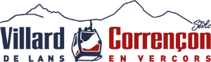 Logo of Villard-de-Lans and Corrençon-en-Vercors featuring stylized mountain outlines and text in blue and red.