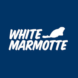 A white logo with the words "White Marmotte" and a silhouette of a marmot on a dark blue background.