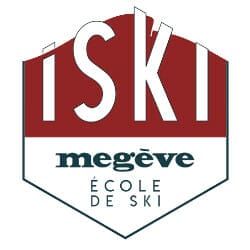 Red and white logo of "ISKI Megève École de Ski," featuring bold text and a geometric design.