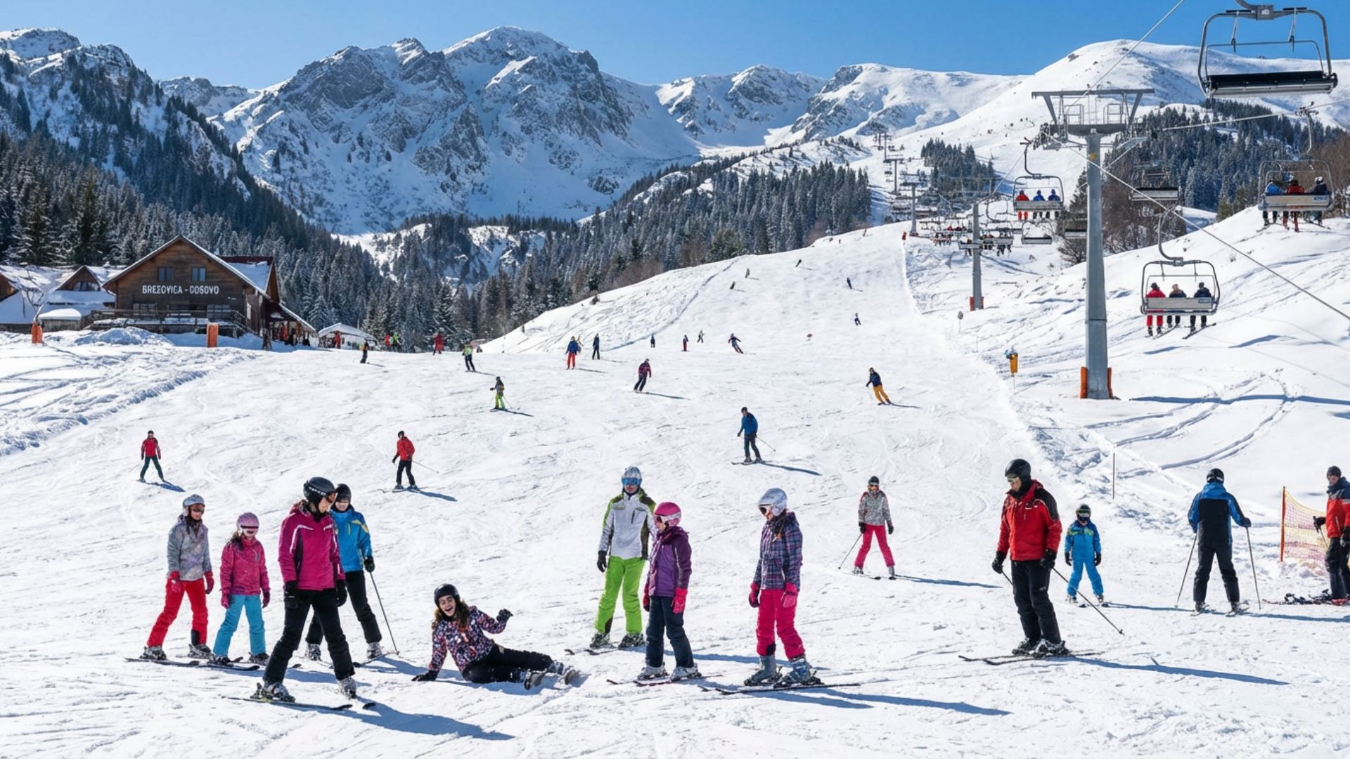 Skiers and snowboarders of various ages gather on a snowy ski slope with mountains, ski lifts, and clear blue sky in the background.