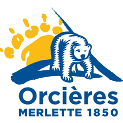 Logo of Orcières Merlette 1850 featuring a polar bear with a yellow sun in the background.
