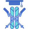 Illustration of crossed skis and ski poles with a blue graduation cap above them.