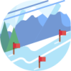 A snowy mountain range with ski slopes marked by red flags and pine trees in the foreground.