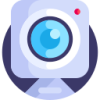 Icon of a webcam featuring a blue lens, encased in a light blue body, with a red status light in the upper right corner, all set against a dark circular background.